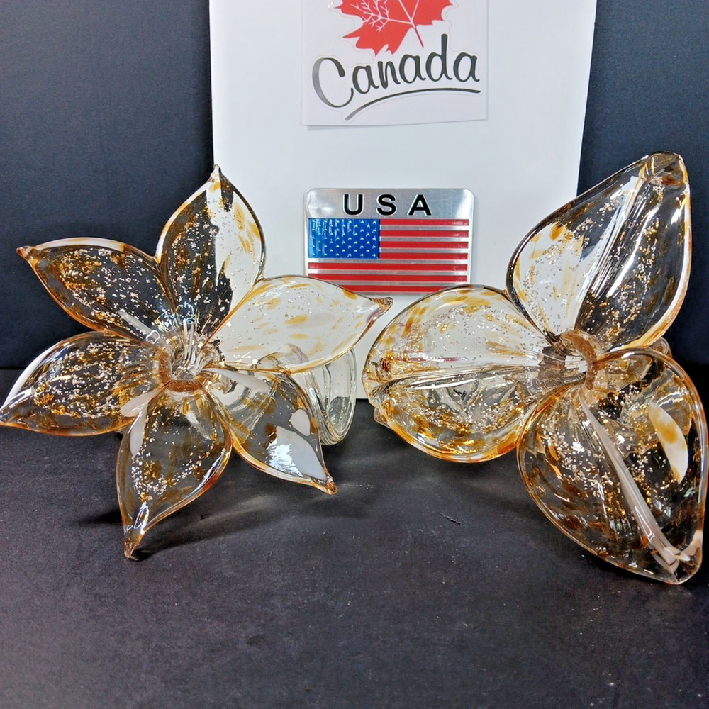 Set Of 2 Murano Style Art Blown Glass Flower Twisted Stem Decor Gold White WOW!
